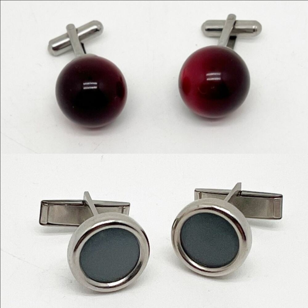 Lot of 2 Vintage Pairs of Glass Cuff Links Silver Tone Blue And Red/Brown